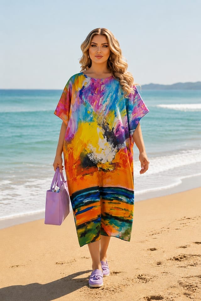 Rochie de plaja midi tip poncho cu imprimeu abstract intens, Efyra
