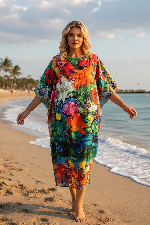 Rochie de plaja midi tip poncho cu imprimeu artistic, Efyra