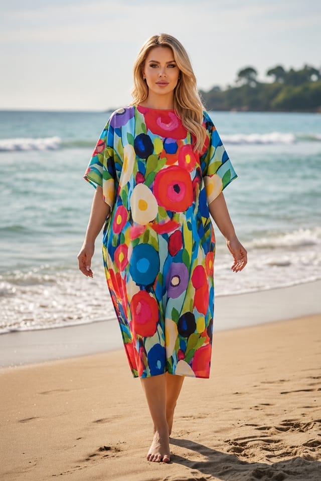 Rochie de plaja tip poncho midi cu imprimeu artistic floral, Efyra
