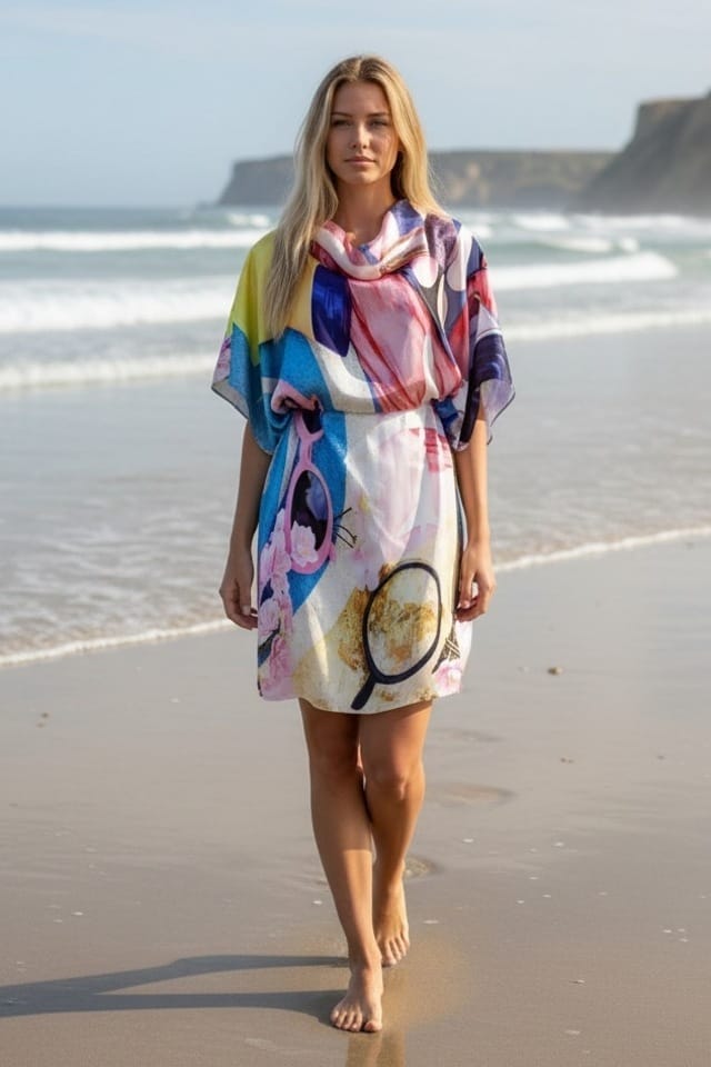 Rochie de plaja tip poncho cu imprimeu abstract multicolor Efyra
