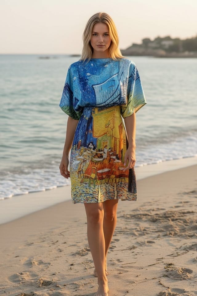 Rochie de plaja tip poncho cu imprimeu artistic Efyra