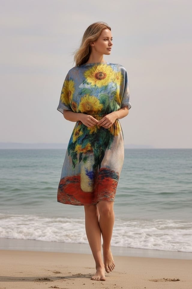 Rochie de plaja tip poncho cu imprimeu floarea-soarelui Efyra