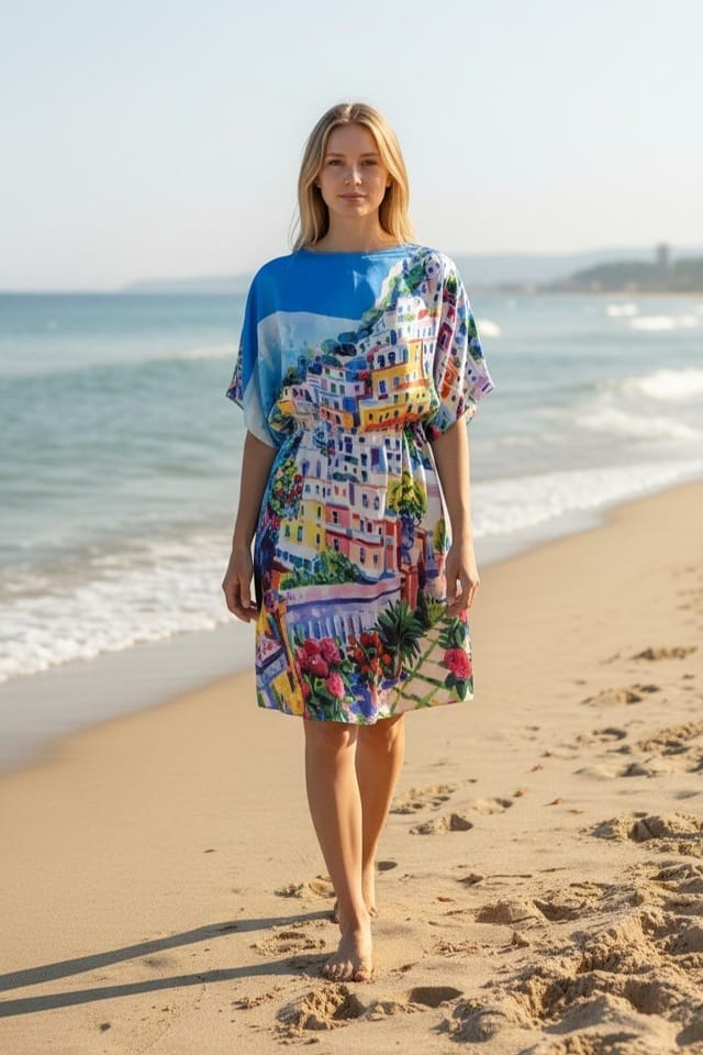 Rochie de plaja tip poncho cu imprimeu oras mediteranean colorat Efyra