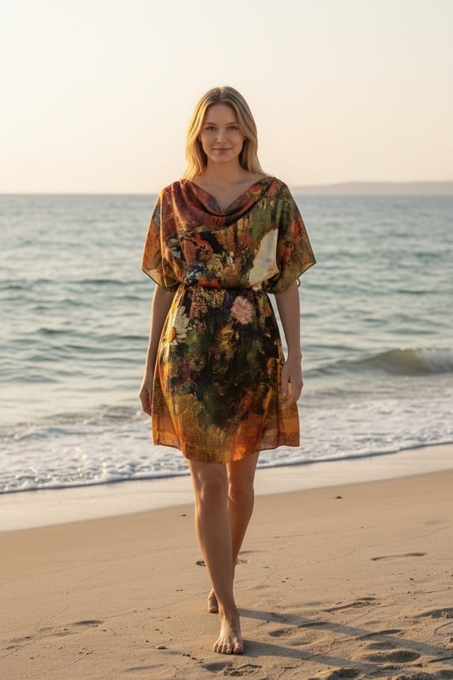 Rochie de plaja tip poncho cu imprimeu pictura cu flori, Efyra