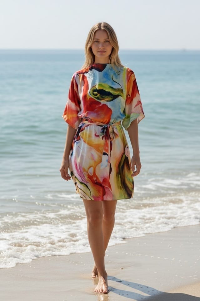 Rochie de plaja tip poncho cu imprimeu pictura cu flori stilizate Efyra