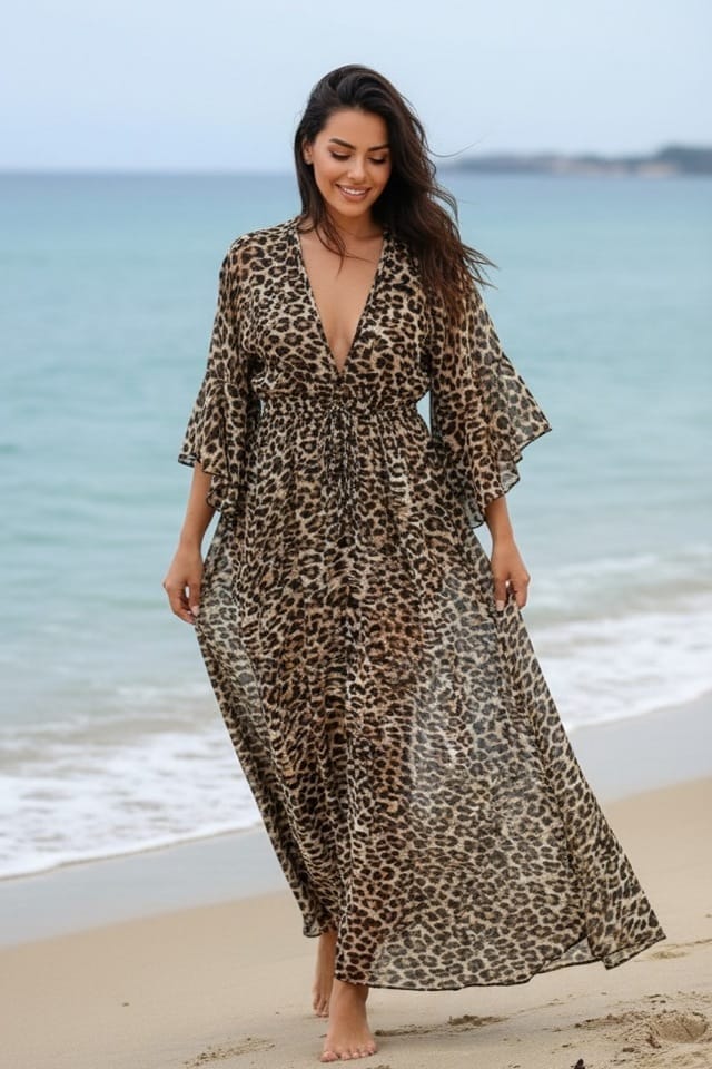 Rochie lunga pareo de plaja cu imprimeu animal print, Efyra